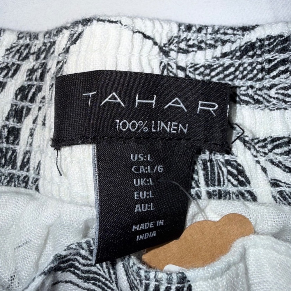 Tahari 100% Linen Wide Leg Pants Womens Size L White Black Tropical Palm Print - Picture 2 of 7